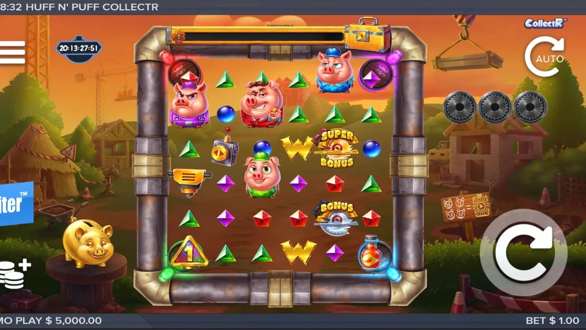 Tampilan visual slot Huff n Puff CollectR dengan tema babi konstruksi dan latar belakang pantai.