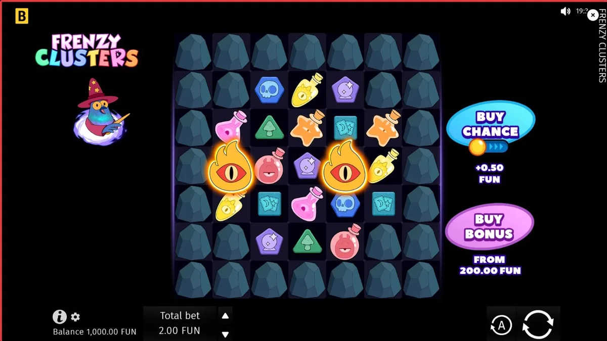 Tampilan visual slot Frenzy Clusters dengan tema fantasi dan simbol alkimia